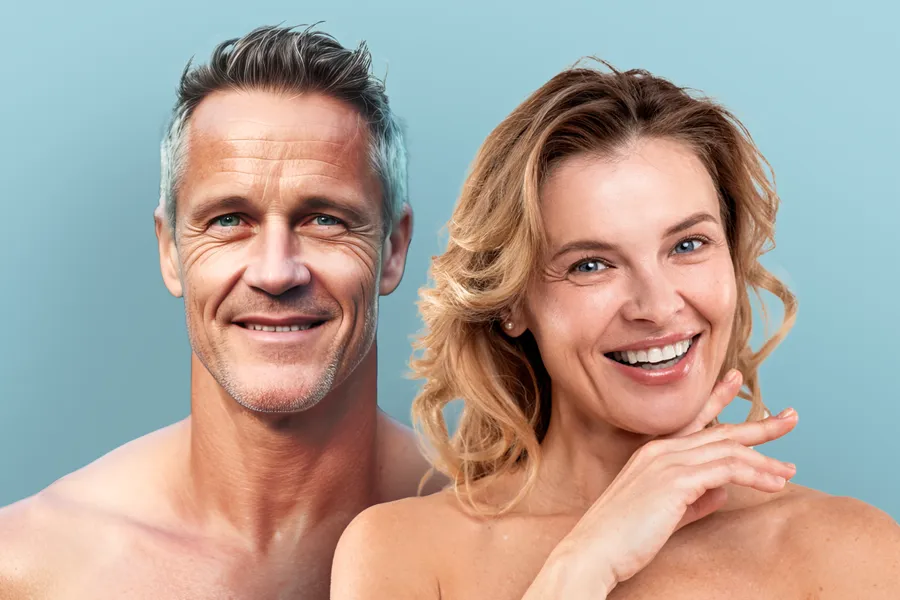 A beautiful middle-aged couple with good skin. Get cosmetic and aesthetic services from ProCare Wellness Institute in Virginia Beach.