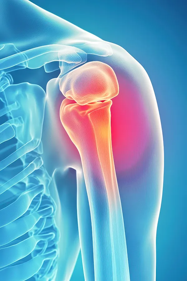 A vivid, anatomical digital rendering of a human shoulder, showcasing the bones of the shoulder joint highlighted with a red glow showing inflammation at the joint. ProCare Wellness Institute offers advanced Frozen Shoulder treatment in Virginia Beach.