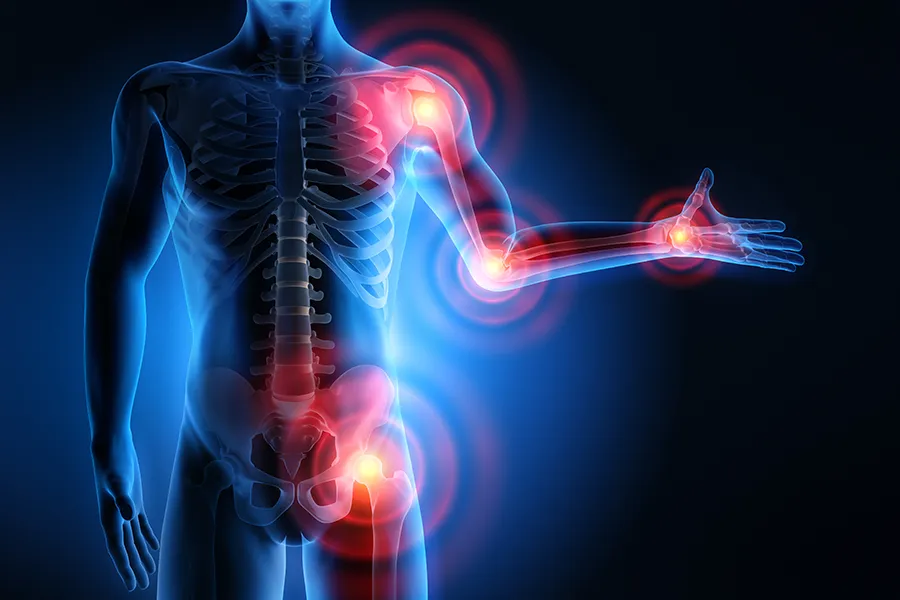 A digital illustration of a human body with highlighted areas indicating joint pain in the shoulders, elbows, wrists, hips, and knees, illuminated in red against a dark blue background. Receive Hyaluronic Acid Injections for Joint Pain by ProCare Wellness Institute located in Virginia Beach.