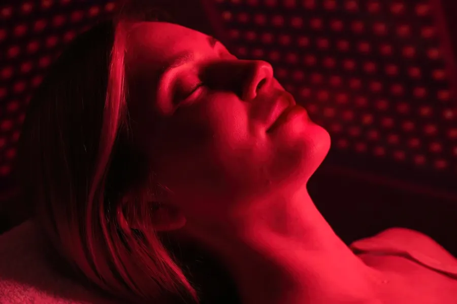 A woman lies in a red light therapy device. Get red light therapy from ProCare Wellness Institute in Virginia Beach.